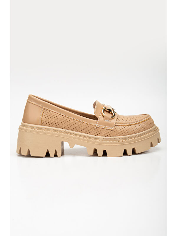 Kadın Nude Cilt Rahat Kalıp Yüksek Poli Taban Önü Tokalı Loafer - Görsel 4