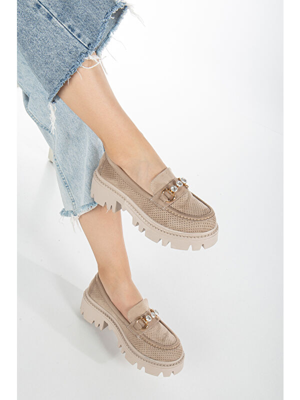 Kadın Ten Süet Rahat Kalıp Yüksek Poli Taban Önü Tokalı Loafer - Görsel 3