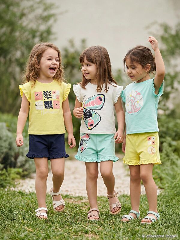 Civil Girls Kelebek Baskılı Kısa Kol 3'lü Set 2'li 2-5 Yaş Takım - Standart