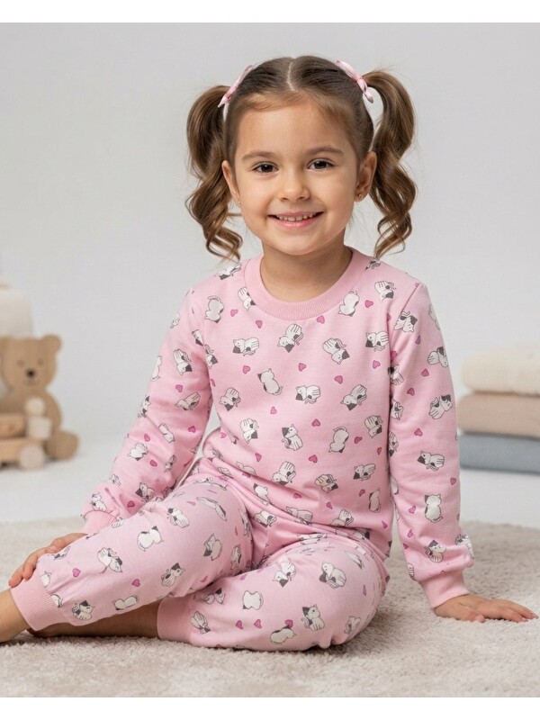 Ege Bebek Kız Çocuk Kedi Baskılı Bisiklet Yakalı 2-3-4-5-6-7-8-9 Yaş %100 Pamuklu Alt Üst Pijama Takımı