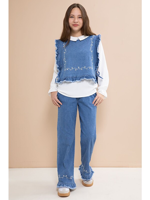Cansın Mini Mavi Nakışlı Jean Süveterli Püsküllü Pantolonlu 3lü Kız Çocuk Jean Takım 23483