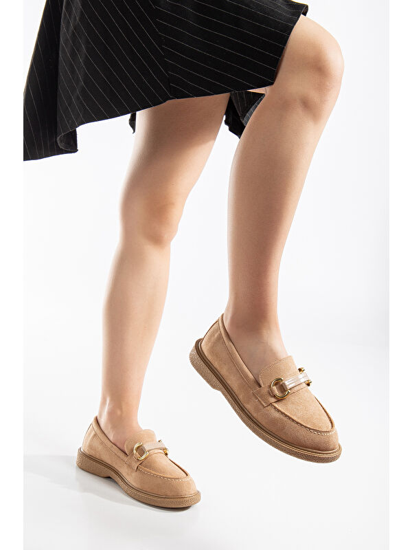 Kadın Nude Süet Rahat Kalıp Önü Tokalı Günlük Loafer - Görsel 3