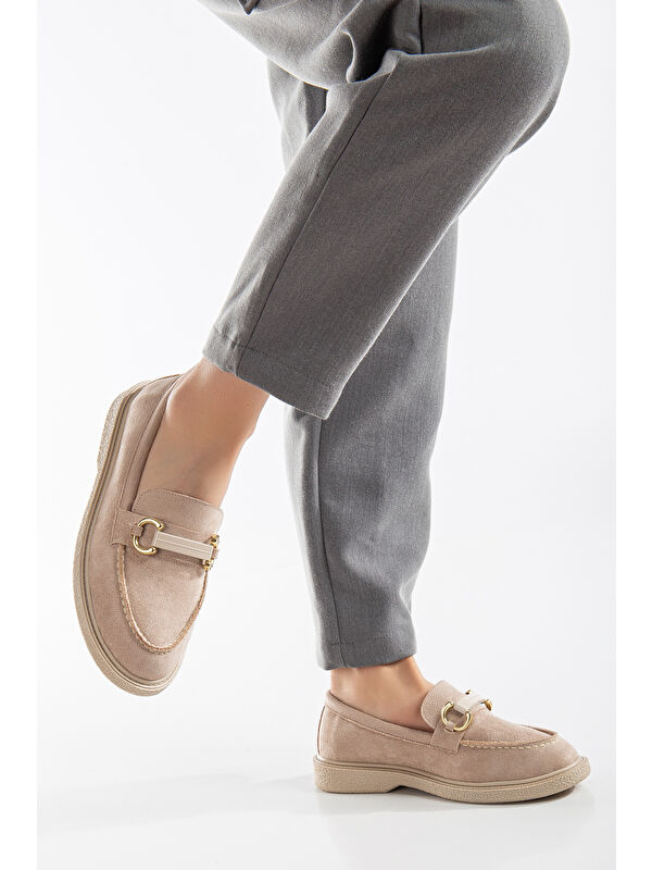 Kadın Ten Süet Rahat Kalıp Önü Tokalı Günlük Loafer - Görsel 3