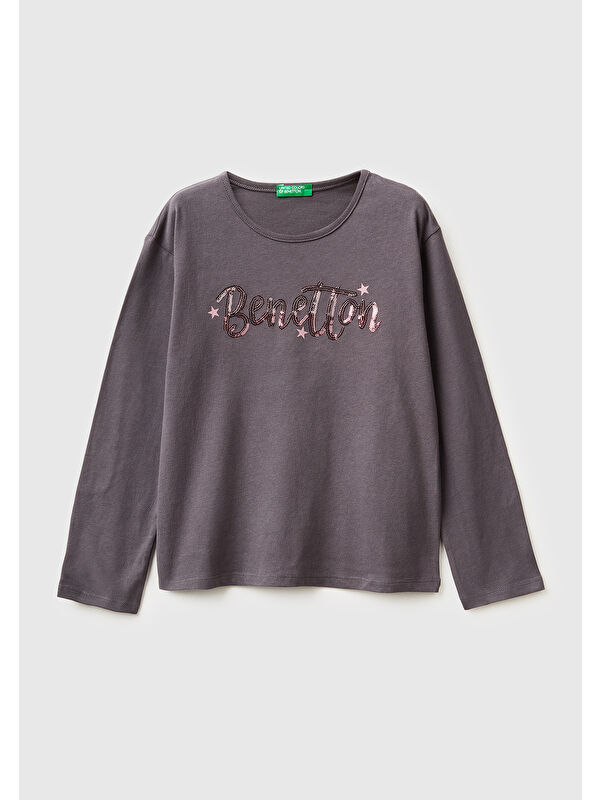 United Colors Of Benetton Kız Çocuk Koyu Kahverengi Grafik Payet İşlemeli Regular Fit Jarse Uzun Kollu T-shirt