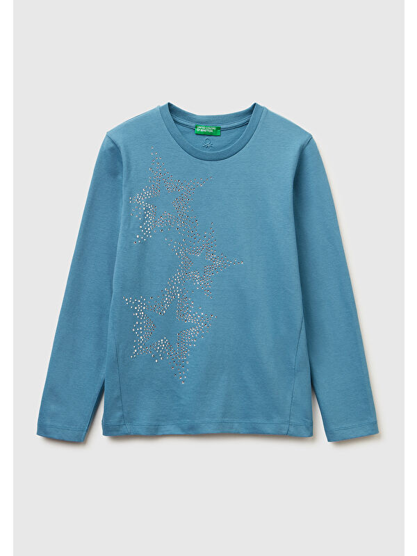 United Colors Of Benetton Kız Çocuk Petrol Mavisi Önü Kristal Aplikeli Regular Fit Jarse Uzun Kollu T-shirt
