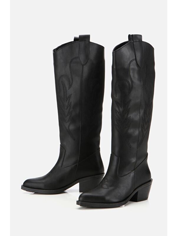 Kadın Siyah İşlemeli Kalın Topuklu Çizme - Görsel 5