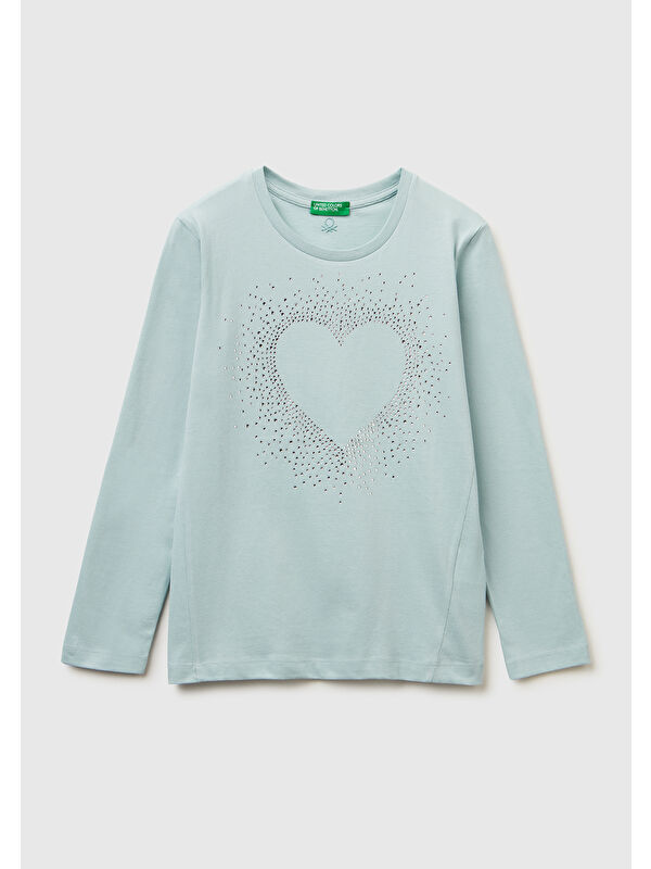 United Colors Of Benetton Kız Çocuk Su Yeşili Önü Kristal Aplikeli Regular Fit Jarse Uzun Kollu T-shirt