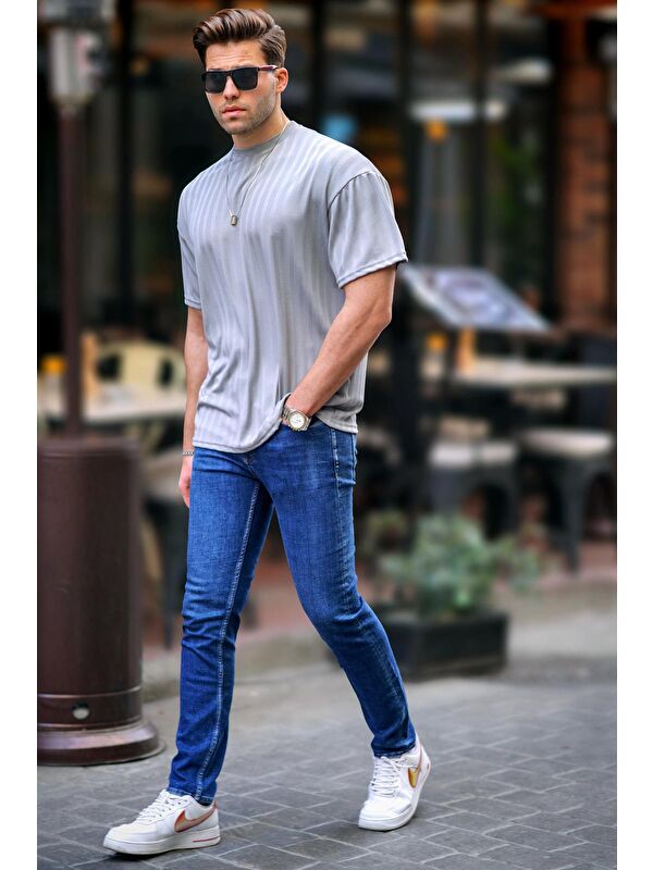 Madmext Boyalı Gri Erkek Çizgili Oversize Tişört 6198