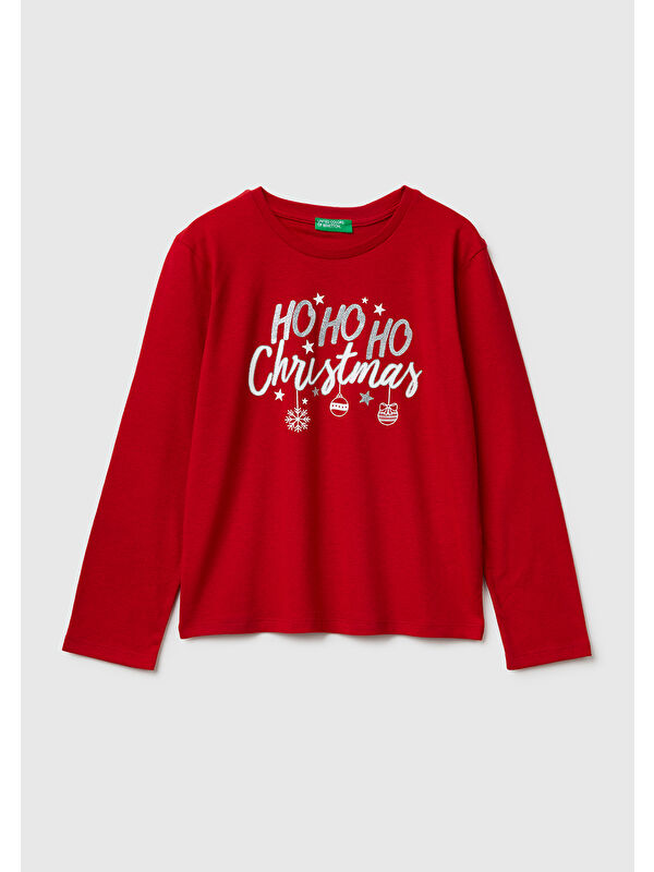 United Colors Of Benetton Kız Çocuk Kırmızı Önü Simli Baskılı Jarse Uzun Kollu T-shirt