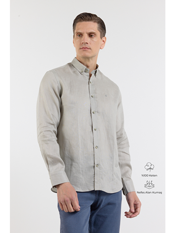 İMZA Vizon Keten Düğmeli Yaka Uzun Kol Cepsiz Slim Fit %100 Keten Gömlek 1004260161