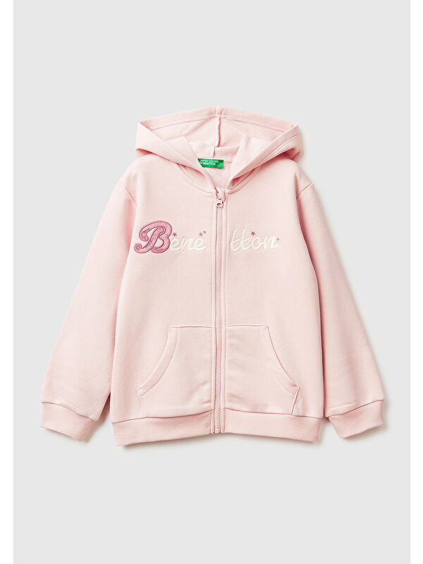 United Colors Of Benetton Kız Çocuk Toz Pembe Renk Bloklu Payet Nakışlı Fermuarlı Kapüşonlu Sweatshirt