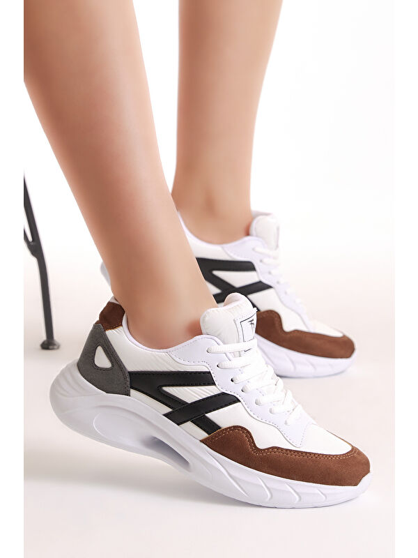 Kadın Beyaz Kahve Faylon Taban Şeritli Bağcıklı Spor Ayakkabı - Görsel 3