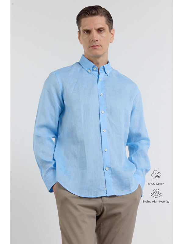 İMZA Mavi Keten Düğmeli Yaka Uzun Kol Cepsiz Slim Fit %100 Keten Gömlek 1004260161