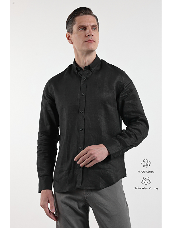 İMZA Siyah Keten Düğmeli Yaka Uzun Kol Cepsiz Slim Fit %100 Keten Gömlek 1004260161