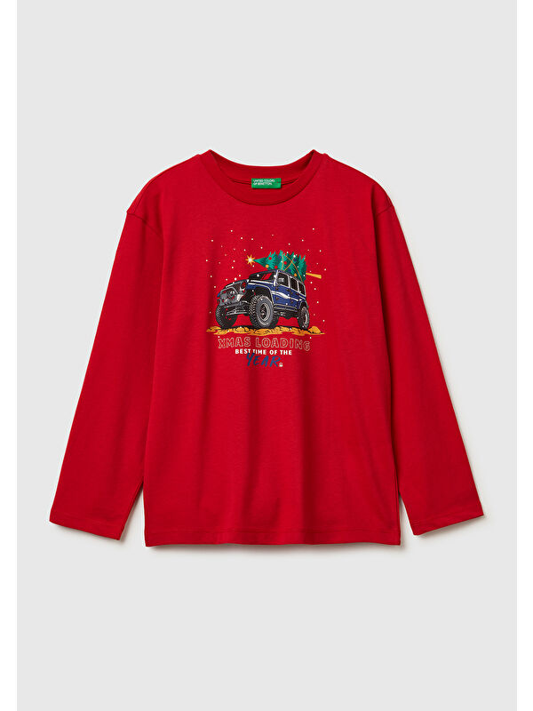 United Colors Of Benetton Erkek Çocuk Kırmızı Baskılı Jarse Bisiklet Yaka Uzun Kollu T-shirt