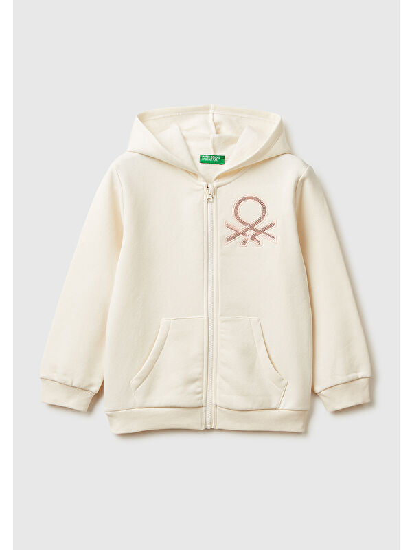 United Colors Of Benetton Kız Çocuk Ekru Renk Bloklu Payet Nakışlı Fermuarlı Kapüşonlu Sweatshirt