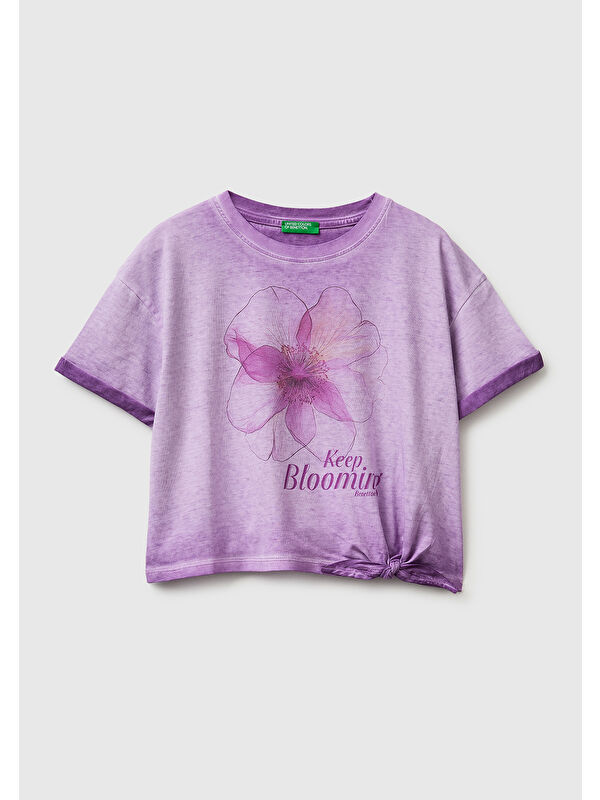 United Colors Of Benetton Kız Çocuk Lila Etek Ucu Düğümlü Baskılı Boxy Fit Kısa Kollu T-Shirt