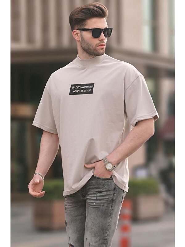 Madmext Taş Rengi Rengi Yalancı Dik Yaka Oversize Erkek Tişört 7004