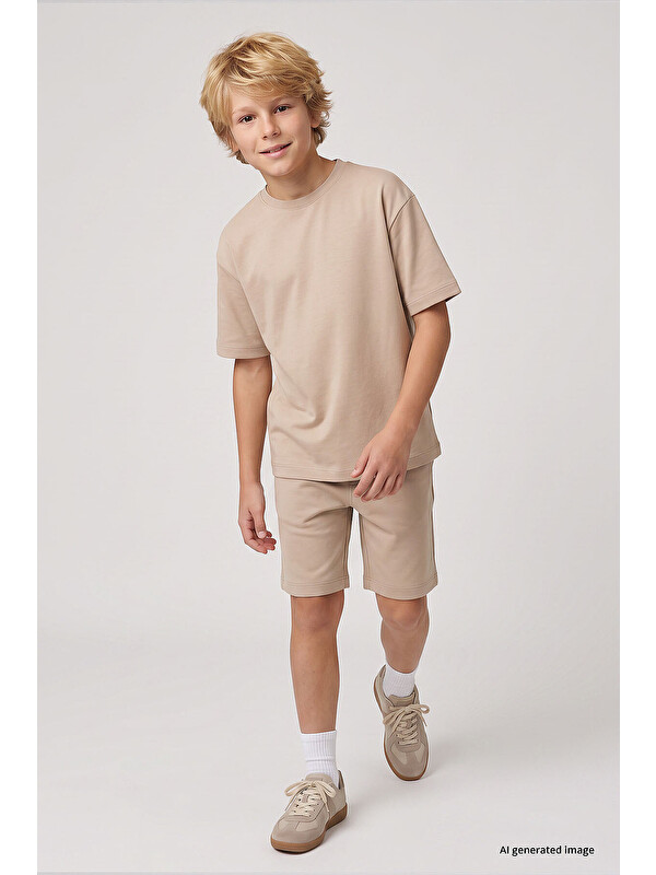Tommylife Bej Oversize Fit Basic Erkek Çocuk Şort Takım - 11335