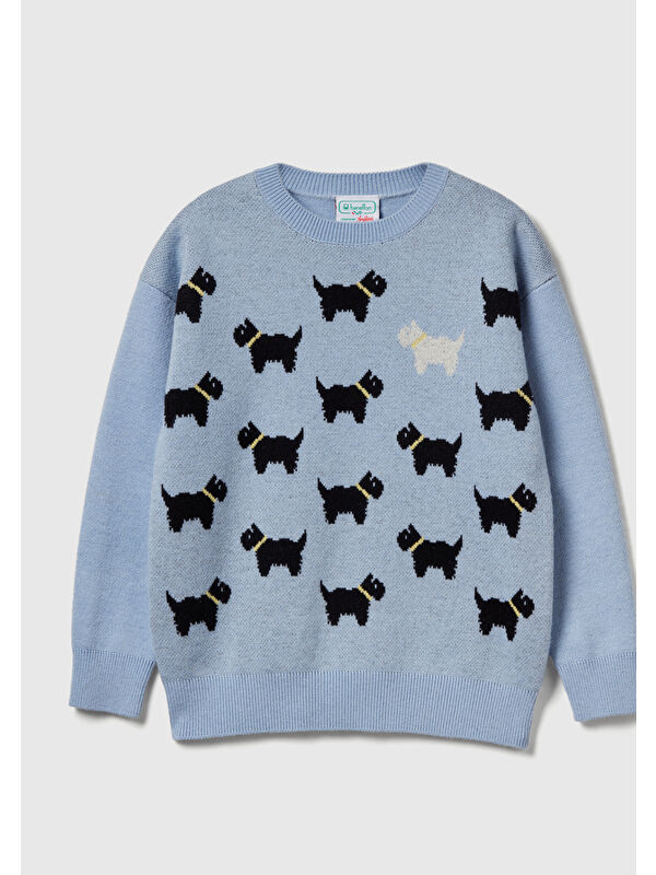 United Colors Of Benetton Kız Çocuk Yün Karışımlı Allover Köpek Desenli Stranger Things Triko