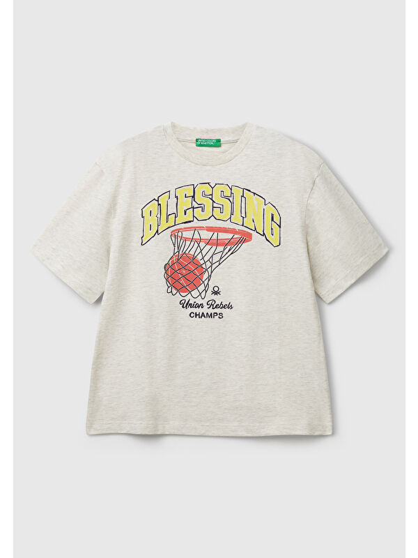 United Colors Of Benetton Erkek Çocuk Açık Gri Melanj Slogan Baskılı T-Shirt