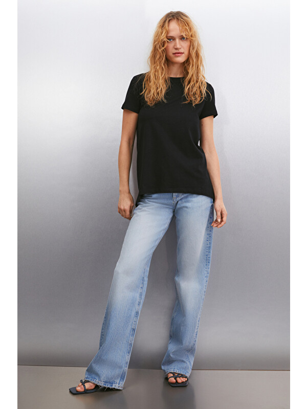 GRIMELANGE Samantha Kadın %100 Organik Pamuklu Comfort Fit Arkası Uzun Basic Örme SİYAH T-Shirt