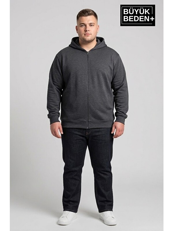 Süperlife Erkek Büyük Beden Fermuarlı Kapüşonlu ince Sweatshirt Hırka - Rahat Kalıp SPR26BHR960