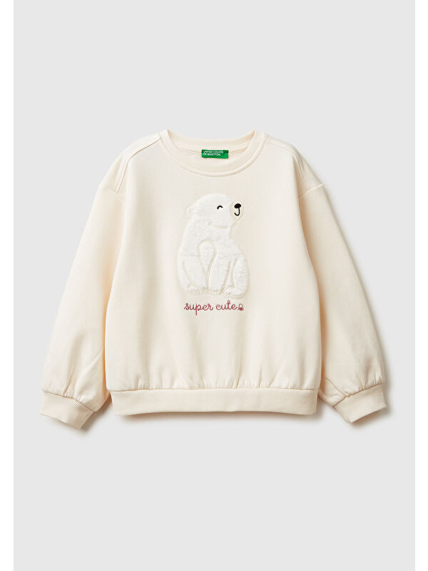United Colors Of Benetton Kız Çocuk Ekru Kürk Aplikeli Ribanalı Bisiklet Yaka Sweatshirt