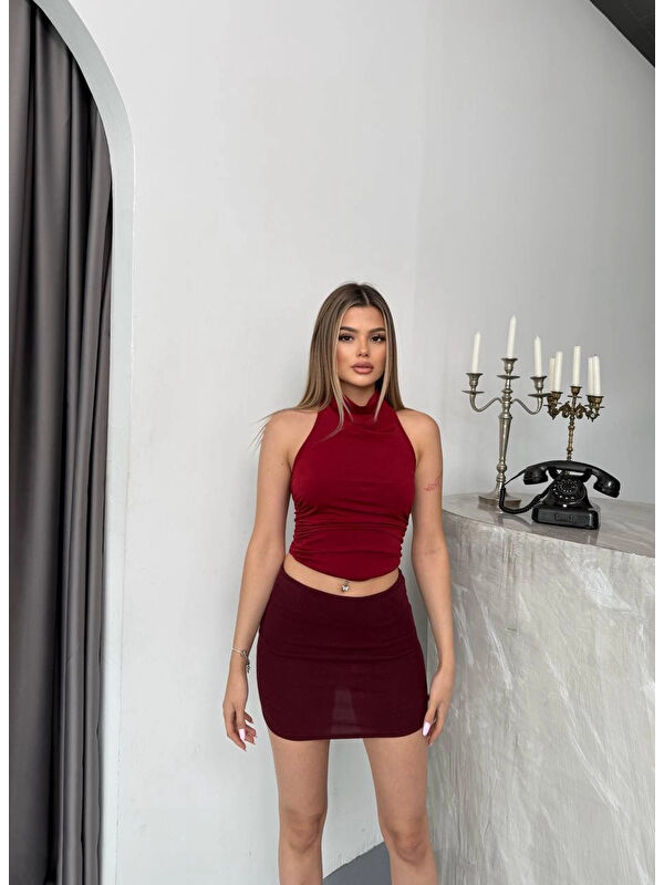 Hazelin Kadın Bordo Halter Yaka Sırtı Açık Sandy Bluz HZL25S-FRY123141