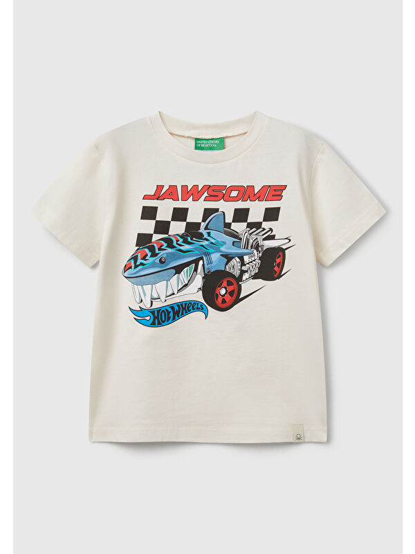 United Colors Of Benetton Erkek Çocuk Ekru Hot Wheels Baskılı Logo Etiketli T-Shirt