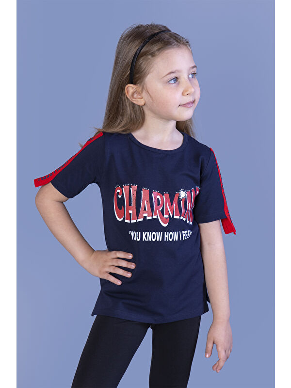 Toontoykids Kız Çocuk Kolları Şerit Detaylı Baskılı Tişört