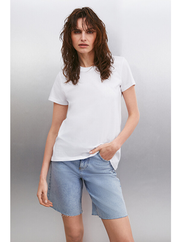 GRIMELANGE Samantha Kadın %100 Organik Pamuklu Comfort Fit Arkası Uzun Basic Örme BEYAZ T-Shirt