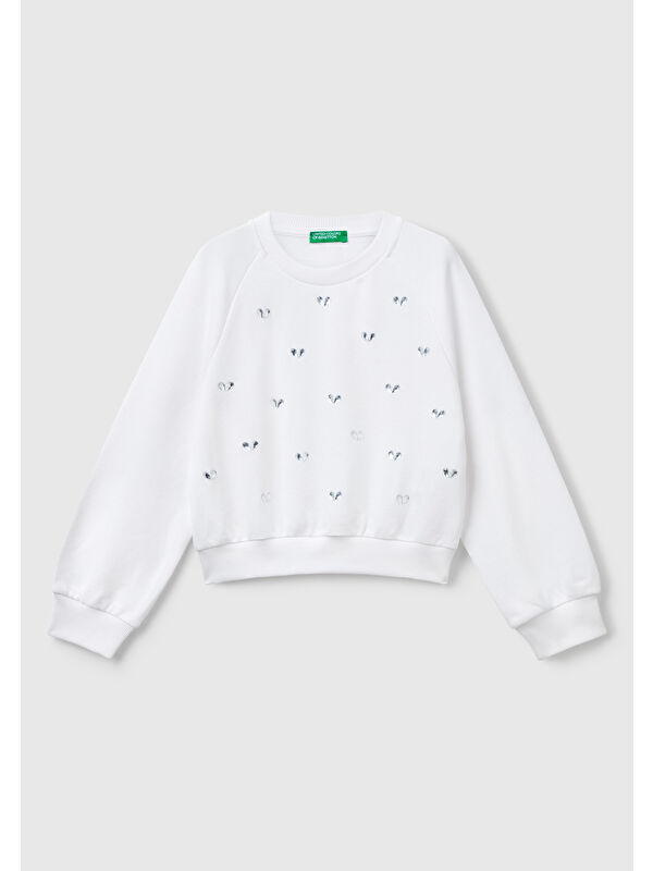 United Colors Of Benetton Kız Çocuk Beyaz Önü Taş Detaylı Ribanalı Bisiklet Yaka Sweatshirt