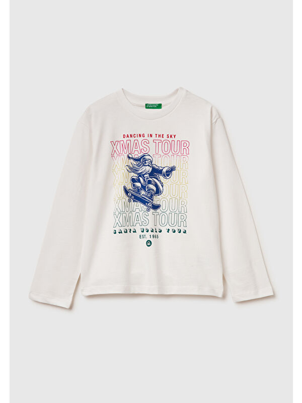 United Colors Of Benetton Erkek Çocuk Ekru Baskılı Jarse Bisiklet Yaka Uzun Kollu T-shirt