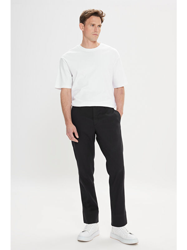 AC&Co / Altınyıldız Classics Erkek Siyah Comfort Fit Rahat Kesim Yan Cepli Desenli Beli Lastikli Pantolon