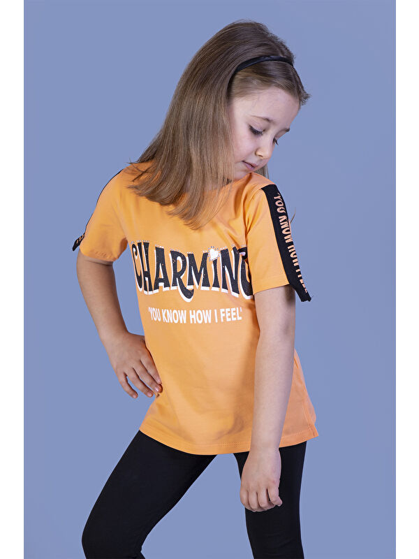 Toontoykids Kız Çocuk Kolları Şerit Detaylı Baskılı Tişört