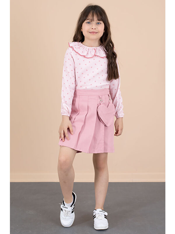 Cansın Mini Pembe Kalp Desenli Müslin Gömlekli Kız Çocuk Şort Etekli 2li Takım 20675