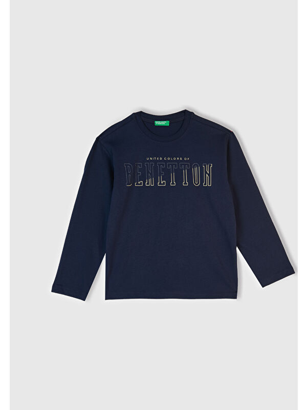 United Colors Of Benetton Erkek Çocuk Lacivert Önü Logo Baskılı Uzun Kollu T-shirt