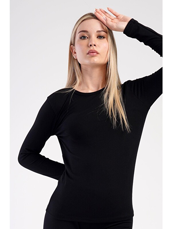 C&City Kadın Uzun Kol Bisiklet Yaka Termal T-Shirt 409008 Siyah