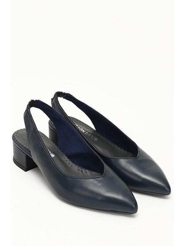 AÇIK LACİVERT Hakiki Deri Sivri Burun Kısa Kalın Topuklu Arkası Açık Kadın Yazlık Ayakkabı 24258 - Görsel 3