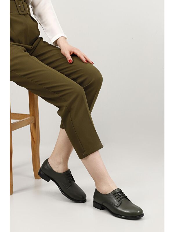 Kadın KOYU HAKİ Bağcıklı Hakiki Deri Oxford Ayakkabı - Görsel 3