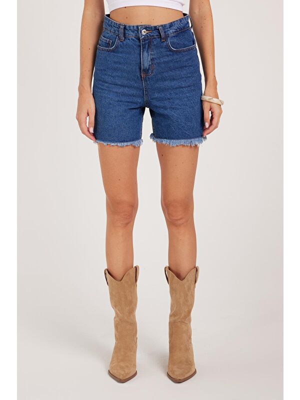 TUDORS Kadın Regular Fit Klasik Kesim Pamuklu Mavi Jean Jean Şort