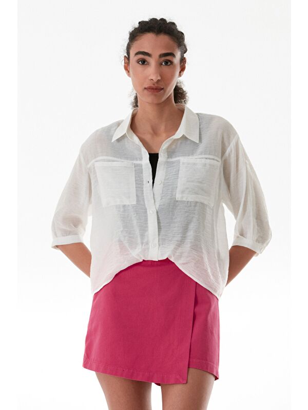 Fullamoda Basic Body Detaylı Çift Cepli Crop Gömlek