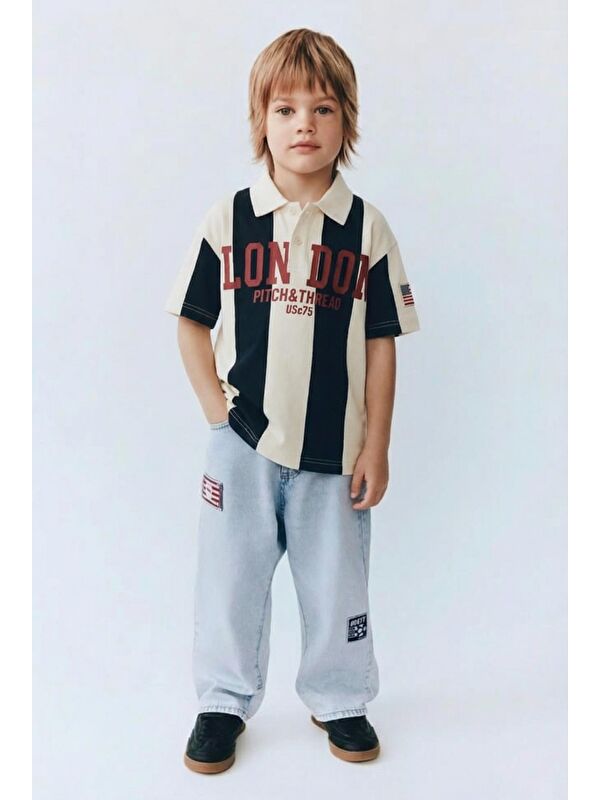 Magu Erkek Çocuk Pamuklu Oversize Polo Yaka Baskılı T-Shirt Ve Bol Paça Jean Pantolon Takım