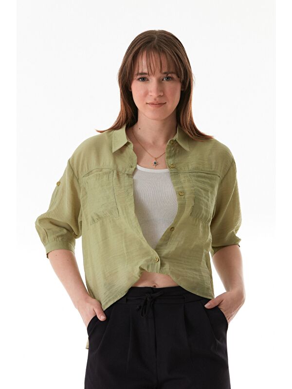 Fullamoda Basic Body Detaylı Çift Cepli Crop Gömlek