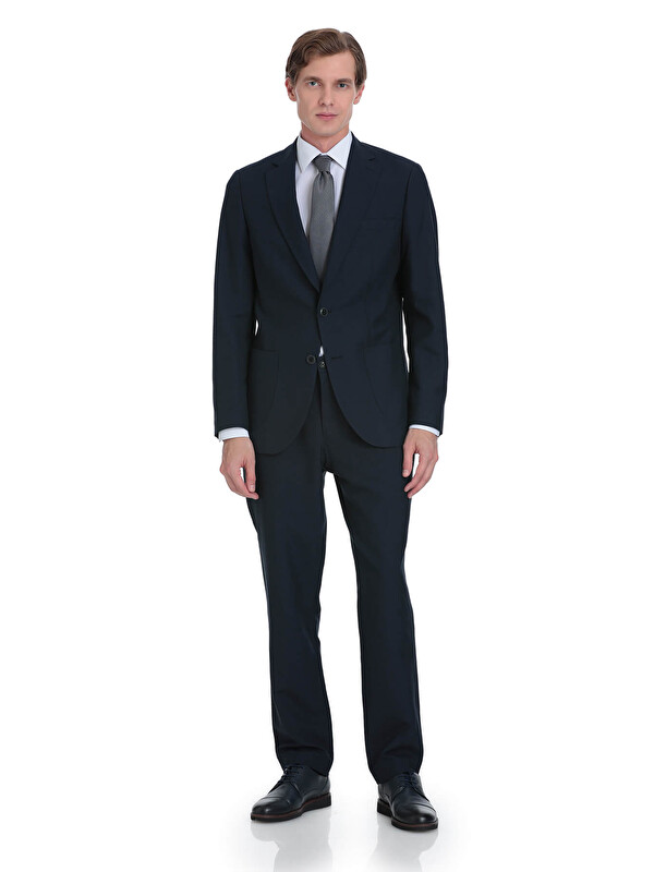 Hatemoğlu Lacivert Slim Fit Mono Yaka Keten Takım Elbise