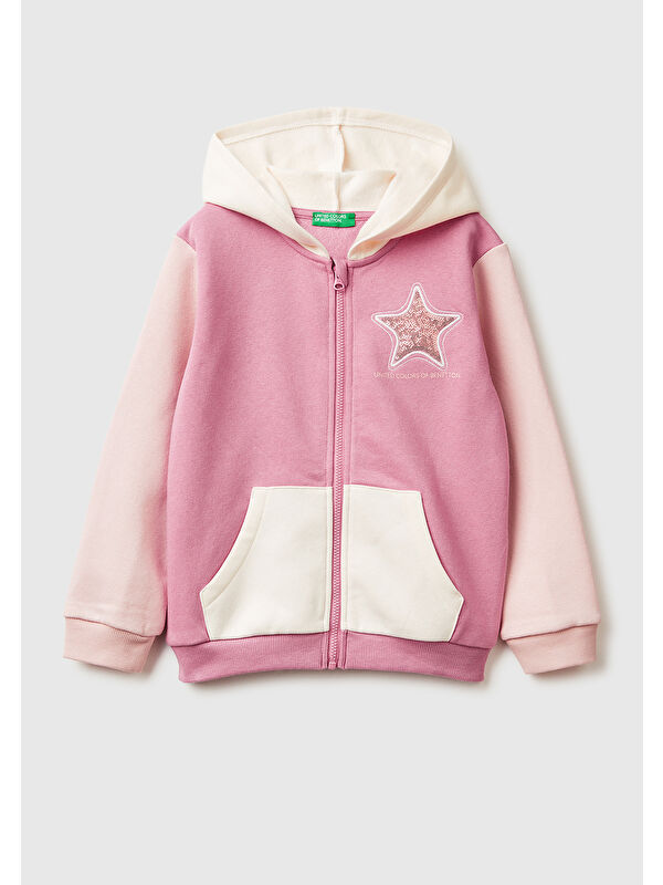 United Colors Of Benetton Kız Çocuk Krem-Pembe Renk Bloklu Payet Nakışlı Fermuarlı Kapüşonlu Sweatshirt