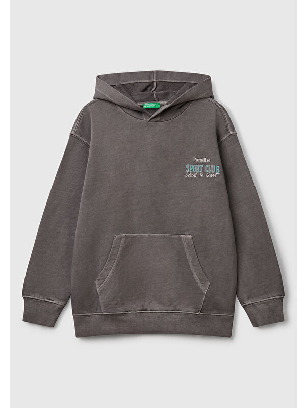 United Colors Of Benetton Erkek Çocuk Antrasit Baskılı Soluk Efektli Kese Cepli Kapüşonlu Sweatshirt