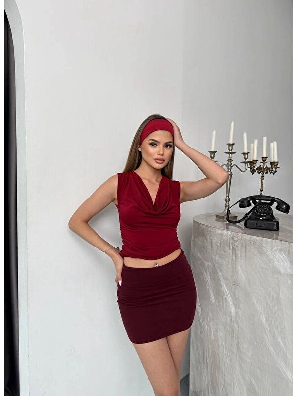 Hazelin Kadın Bordo Degaje Yaka Yanlardan Drapeli Sandy Bluz HZL25S-FRY123131