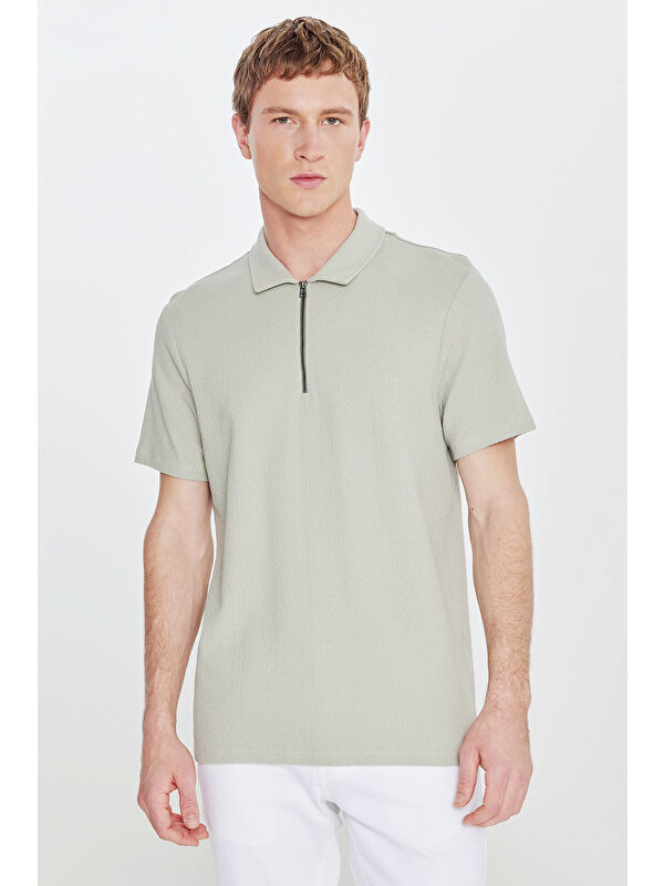 Altınyıldız Classics Erkek Mint %100 Pamuk Slim Fit Dar Kesim Polo Yaka Jakarlı Tişört